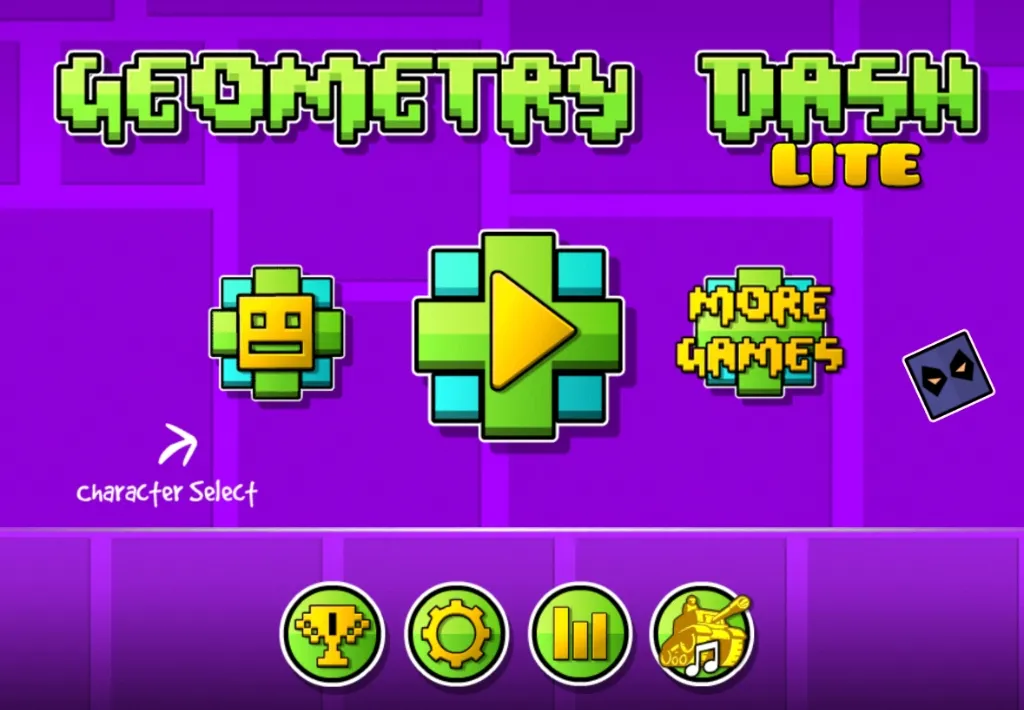 The iconic Geometry Dash Lite home screen featuring a green cube and vibrant orange background