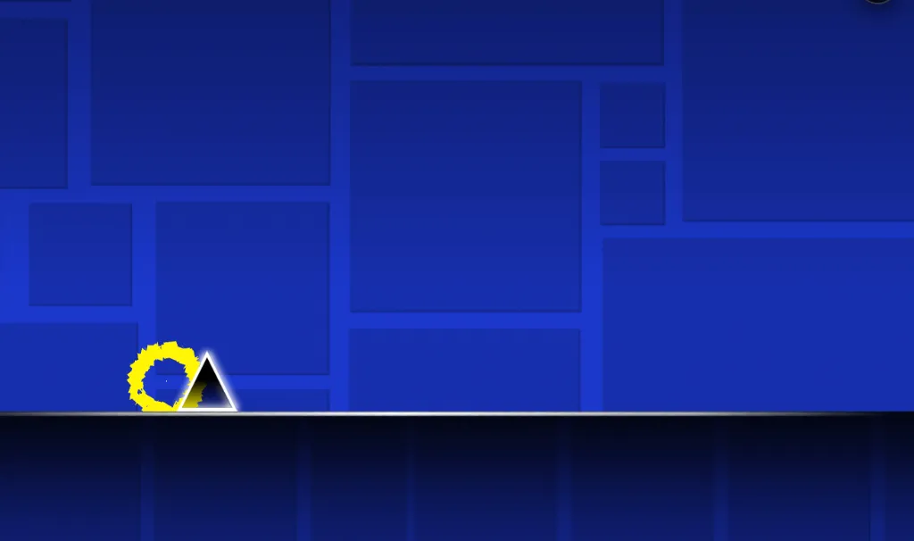 A yellow cube mid-jump over glowing blue spikes in a high-speed Geometry Dash Lite level