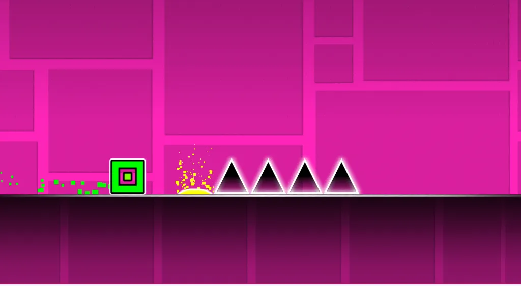 A green cube navigating a complex forest of pink spikes and neon obstacles in Geometry Dash Lite