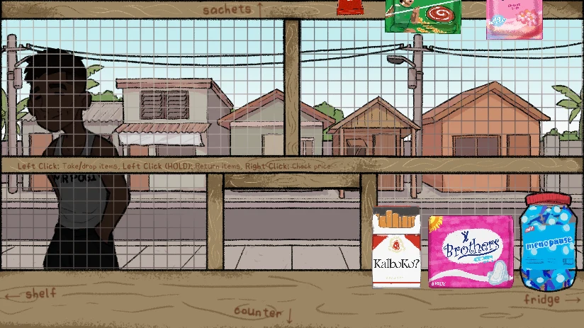 Narinig Mo Ba sari-sari shop counter with products and Mr Pogi behind the wire window