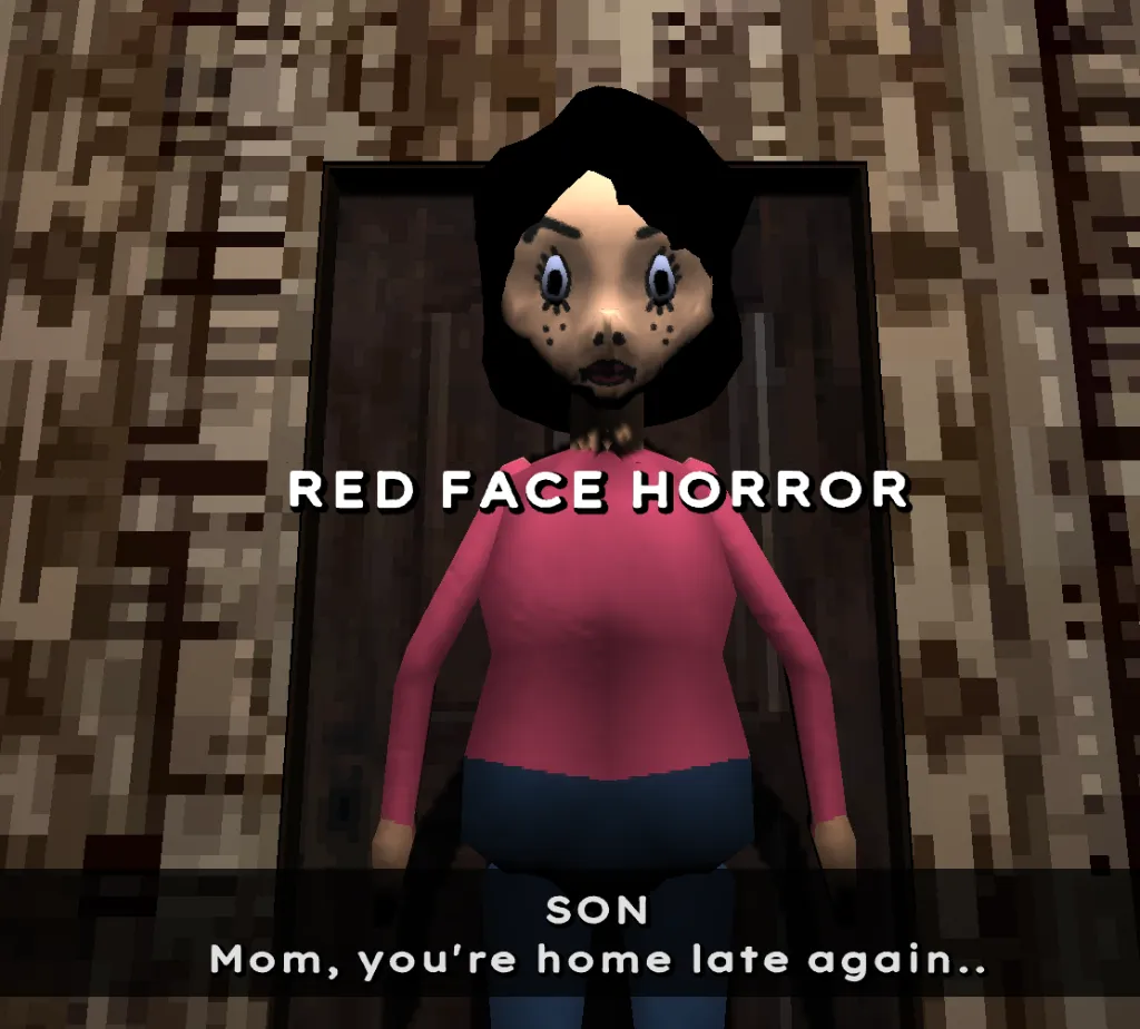 A haunting image of Mr. Red Face, a tall, thin figure with a bright red face and a top hat, standing in a doorway