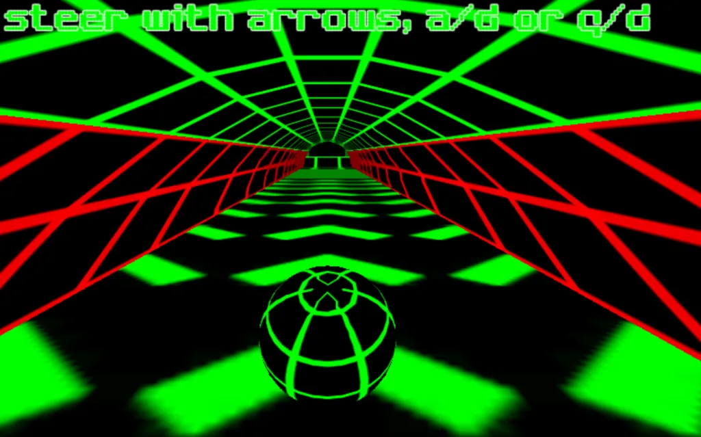 First-person perspective of the wireframe neon track in Slope with basic movement guides