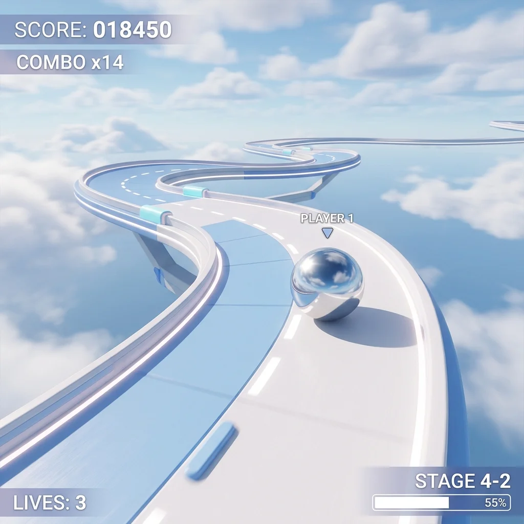 A sleek chrome sphere speeding down a winding pastel blue track in Sphere Rush 3D