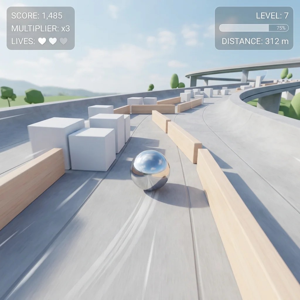 The chrome sphere dodging clean geometric obstacles on a concrete track in Sphere Rush