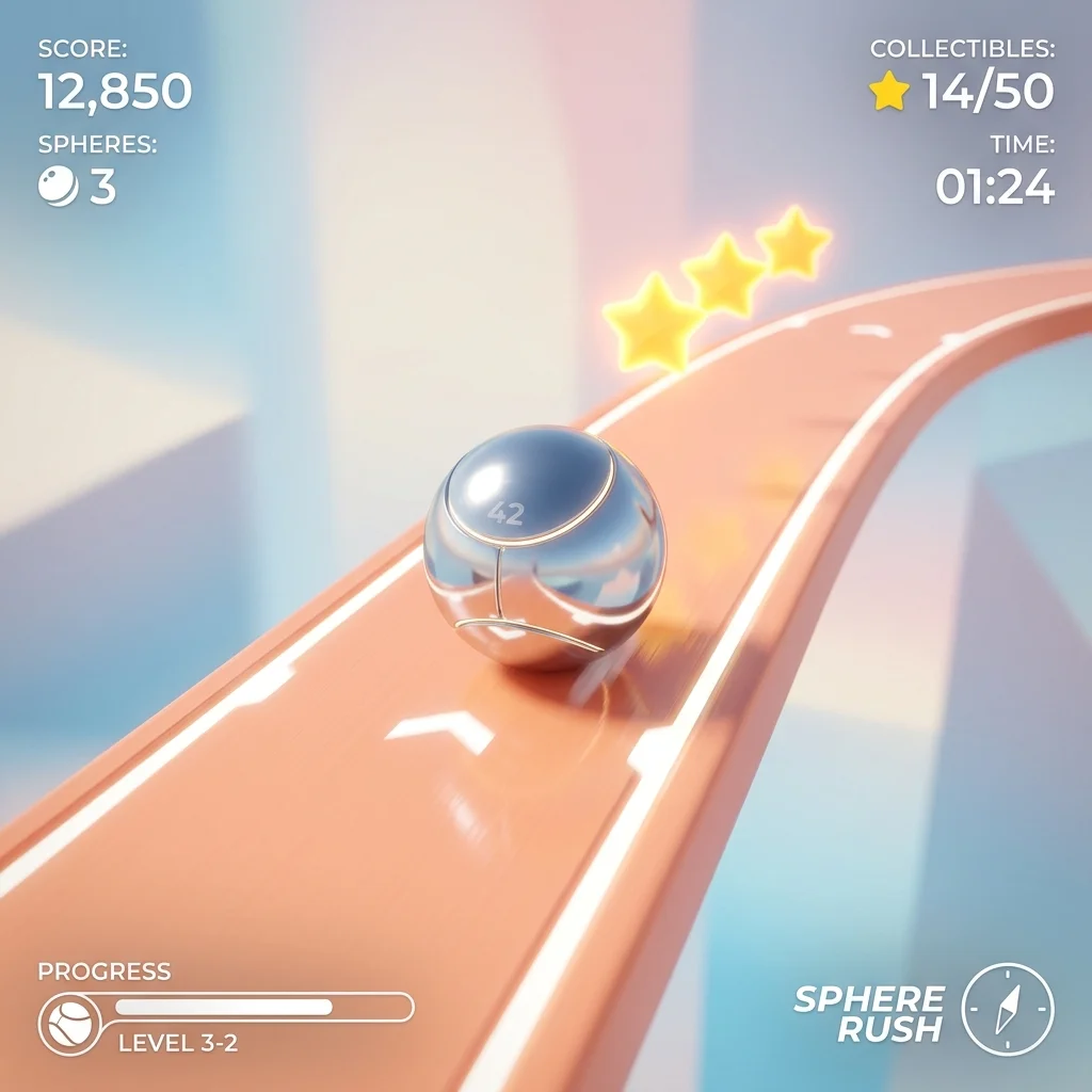 A close shot of the chrome sphere collecting star-shaped tokens on a pastel orange path in Sphere Rush