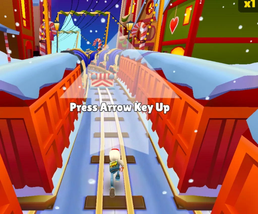 In-game Subway Surfers tutorial highlighting lane-switching and jumping mechanics